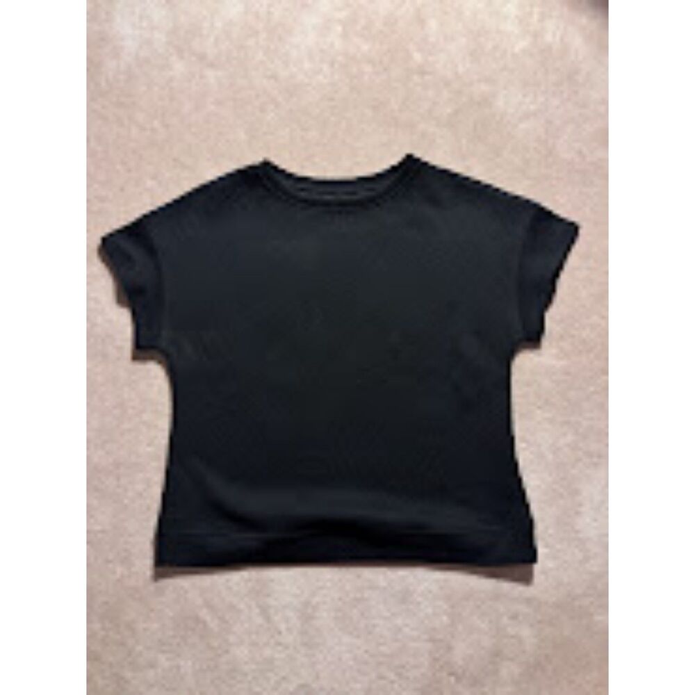 Black Textured Short Sleeve Boxy Top Geometric Pattern